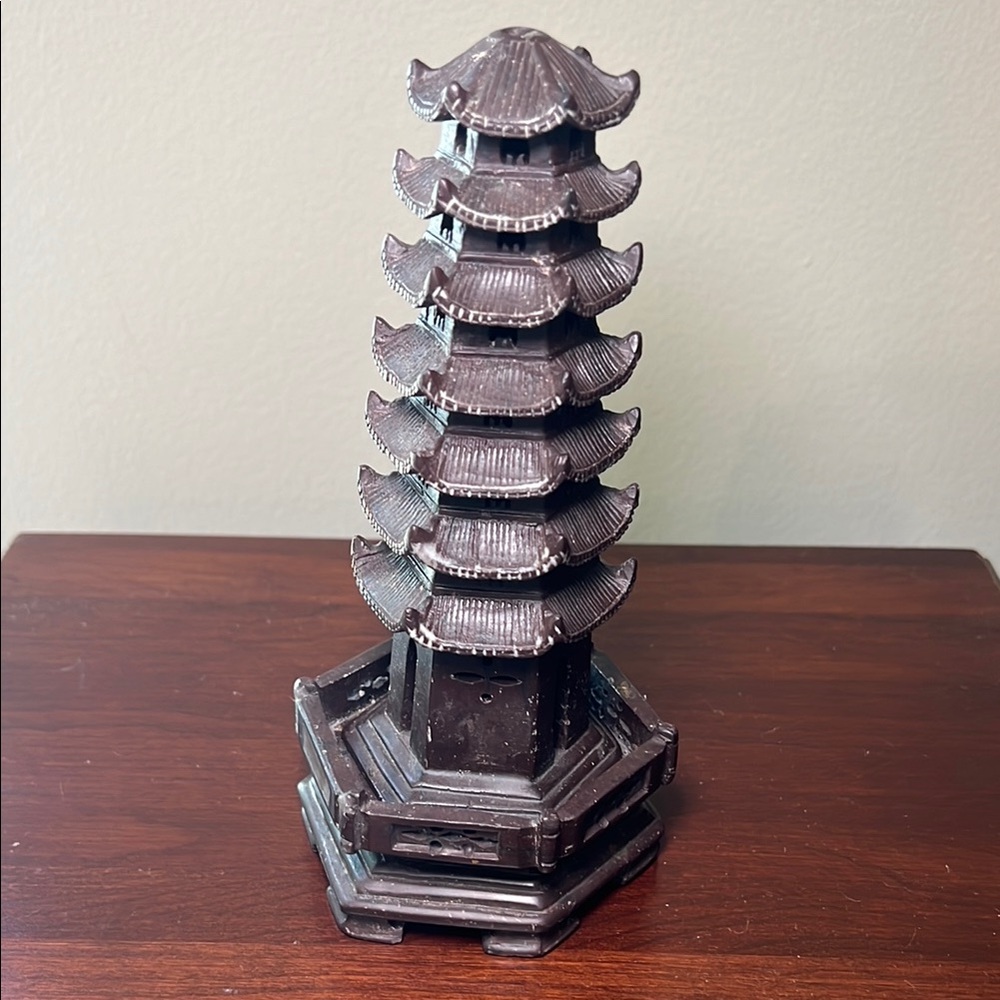 Vintage Asian Chinese Hand Carved Stone Soapstone 7 Tier Pagoda Statue on Stand